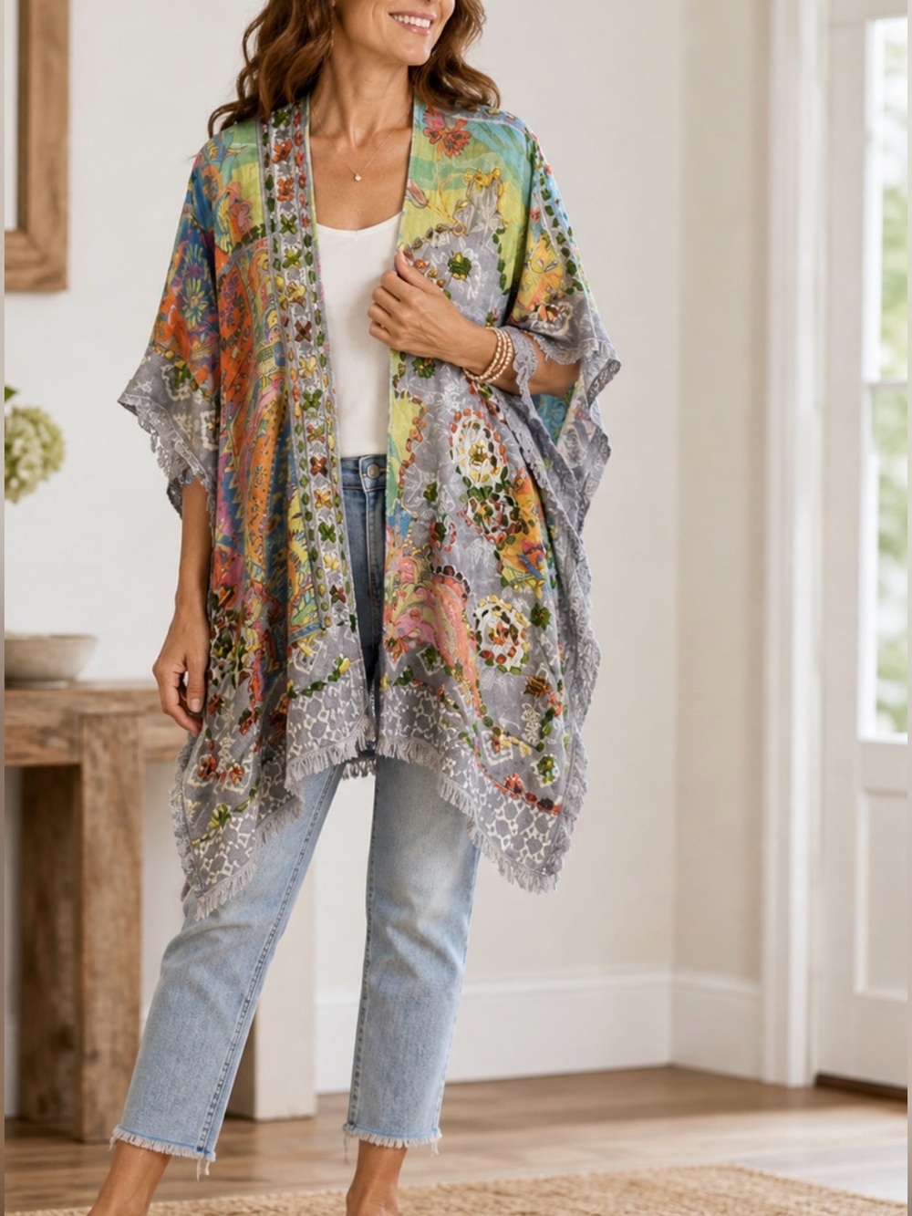 Soft Surrounding Embroidered Boho Kimono Floral Trim Artsy Shabby Chic Duster OS